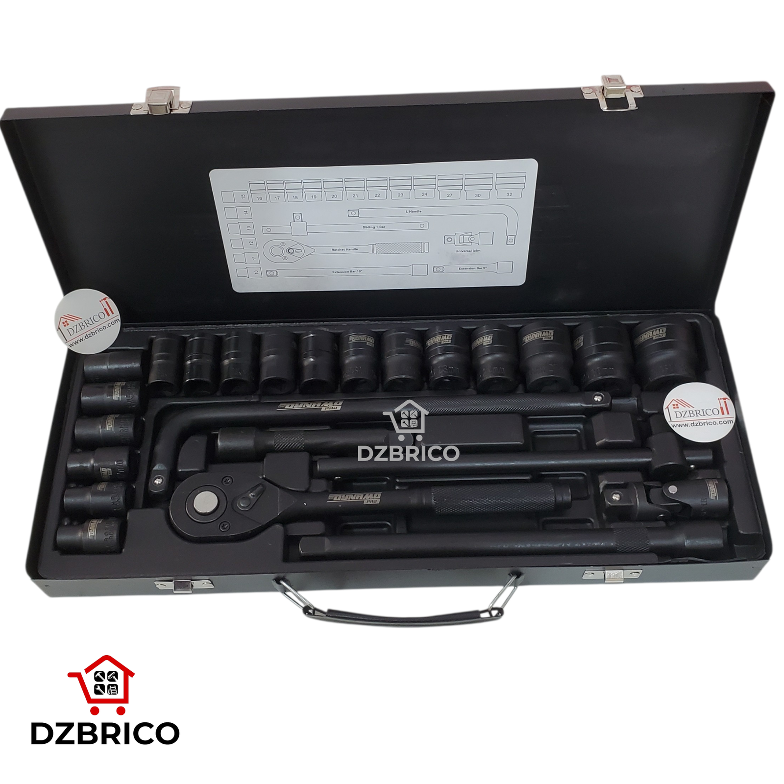 Coffret de douilles 24 pièces avec cliquet réversible 1/2" 12 ponts, douilles et accessoires DYNAMO