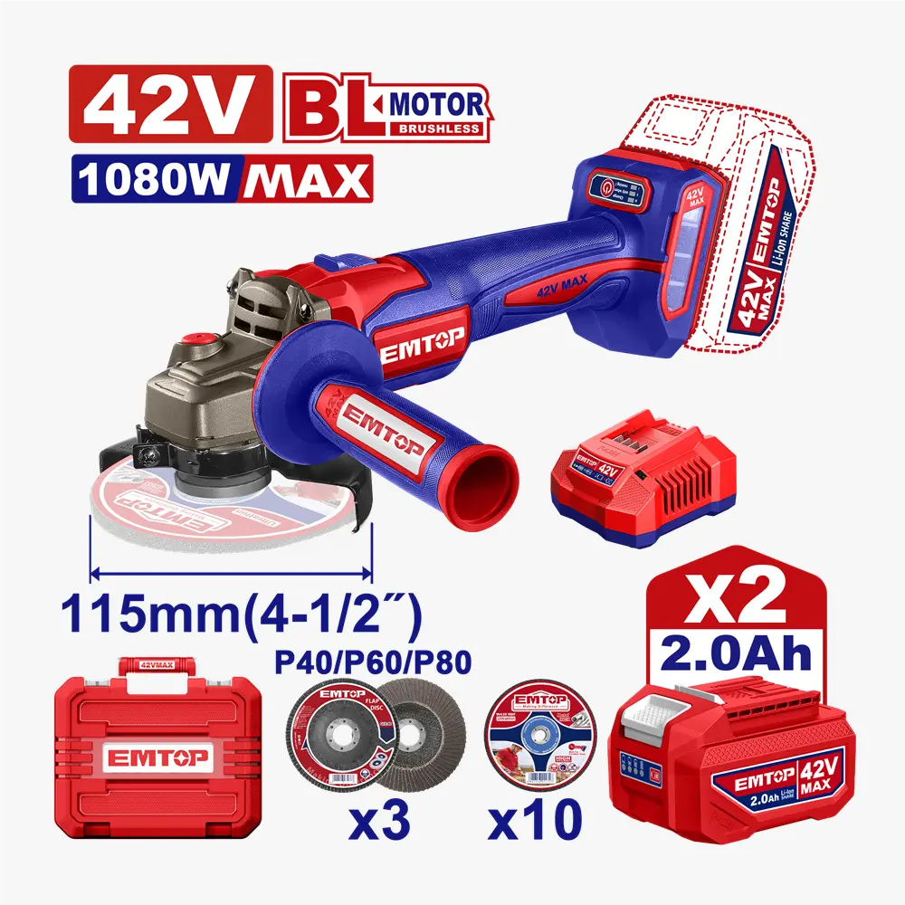 Meuleuse d'angle a batterie 4.0Ah 42v 1080W ELAG4108112 EMTOP
