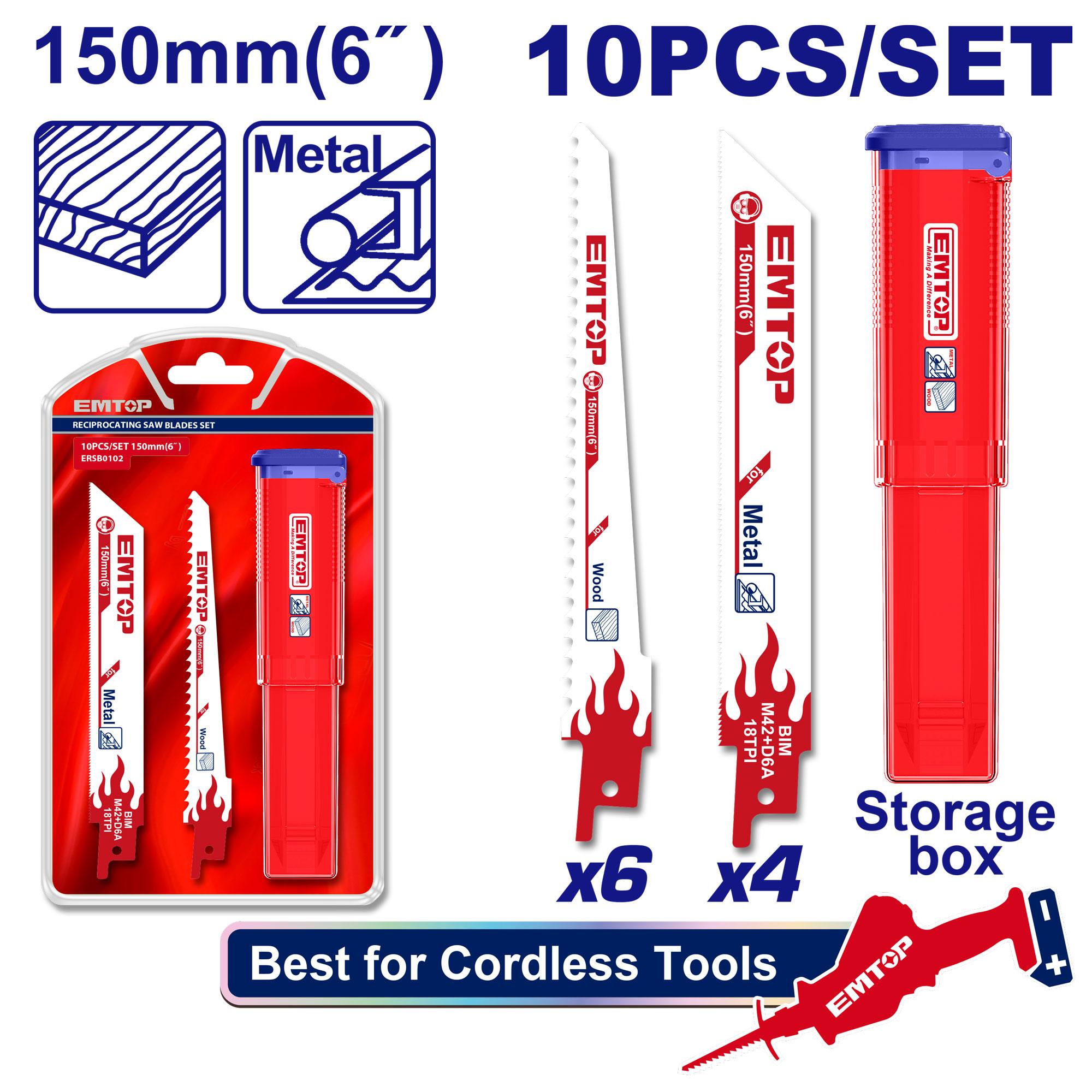 Jeux de lames scie sabre métal et bois 10 Pcs  ERSB0102 EMTOP
