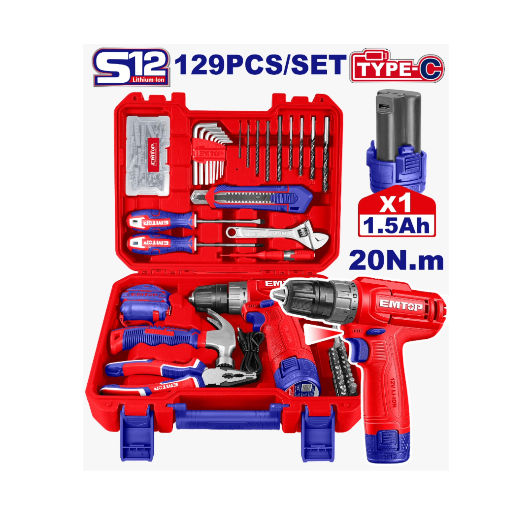 Caisse a outils avec visseuse 12v 129 Pcs EEDK12901 EMTOP